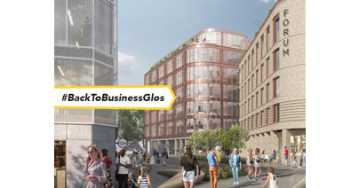 An artist's impression, looking back out of King's Square down Market Parade with the new buildings, part of phase two of The Forum Digital, on right and centre.