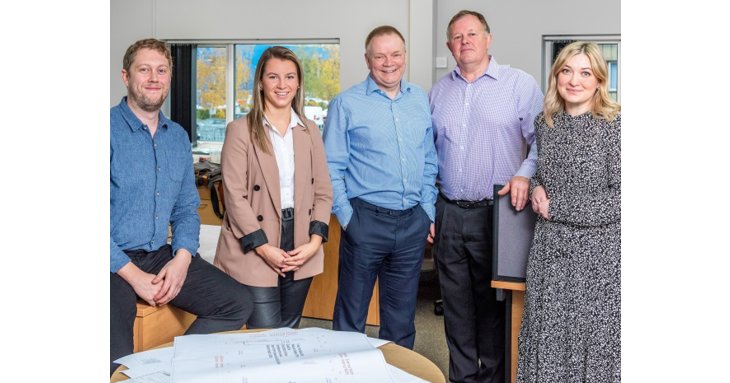 P&M Group chief executive officer and chairman Andy Moon, centre, with Colin Leighton, the companys longest serving employee, and new starters Matthew Davies, Ellie Card and Natallia Brazier.