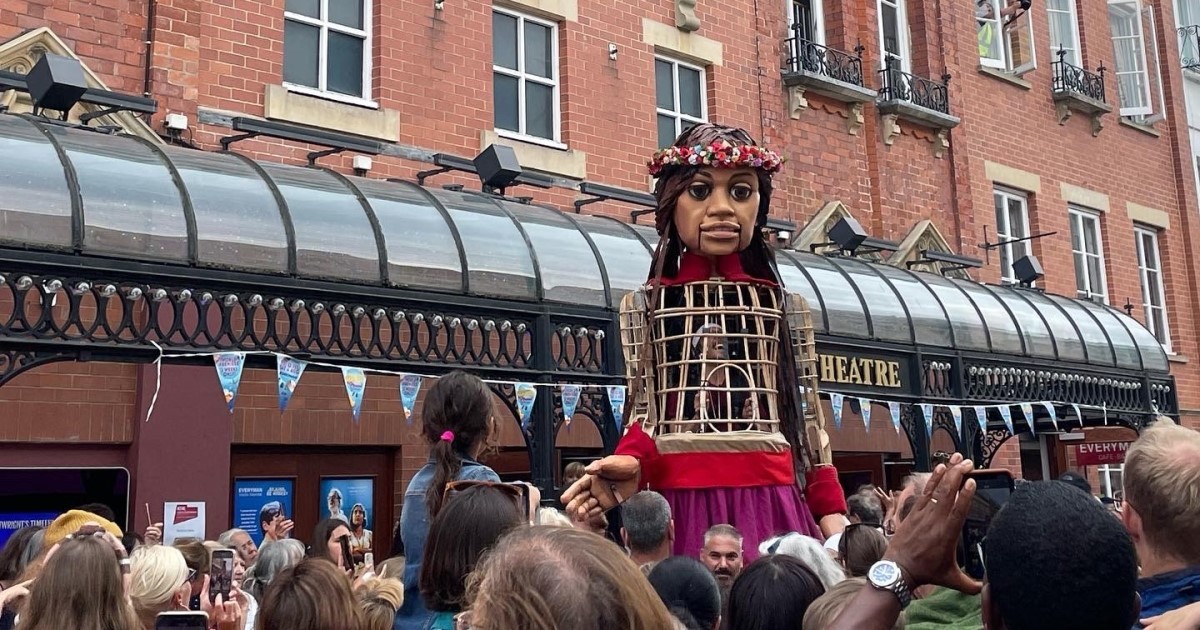 Little Amal giant puppet Cheltenham June 2022 for New Steps, New